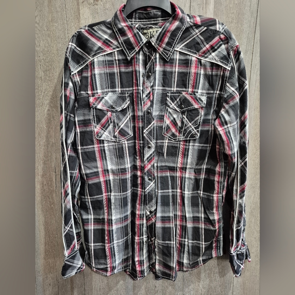 BKE Black Button Up Shirt (Size Large) Red Gray Plaid Long Sleeve Slim Fit